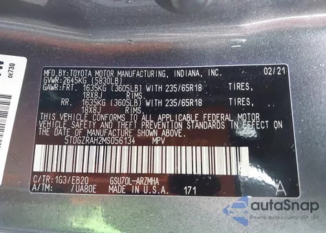 2021 Toyota Highlander Xle z USA, uszkodzony, nr VIN 5TDGZRAH2MS056134